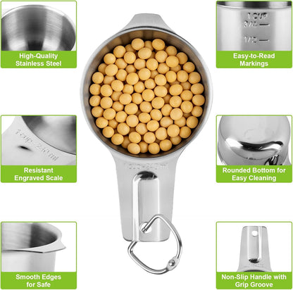7 Pcs Gold Measuring Cups Stainless Steel, Nesting Metal Measuring Cups with Markings & Ring, Stackable Measure Cups Spoons Set for Cooking Baking Supplies, Kitchen Utensils for Dry Liquid Ingredients