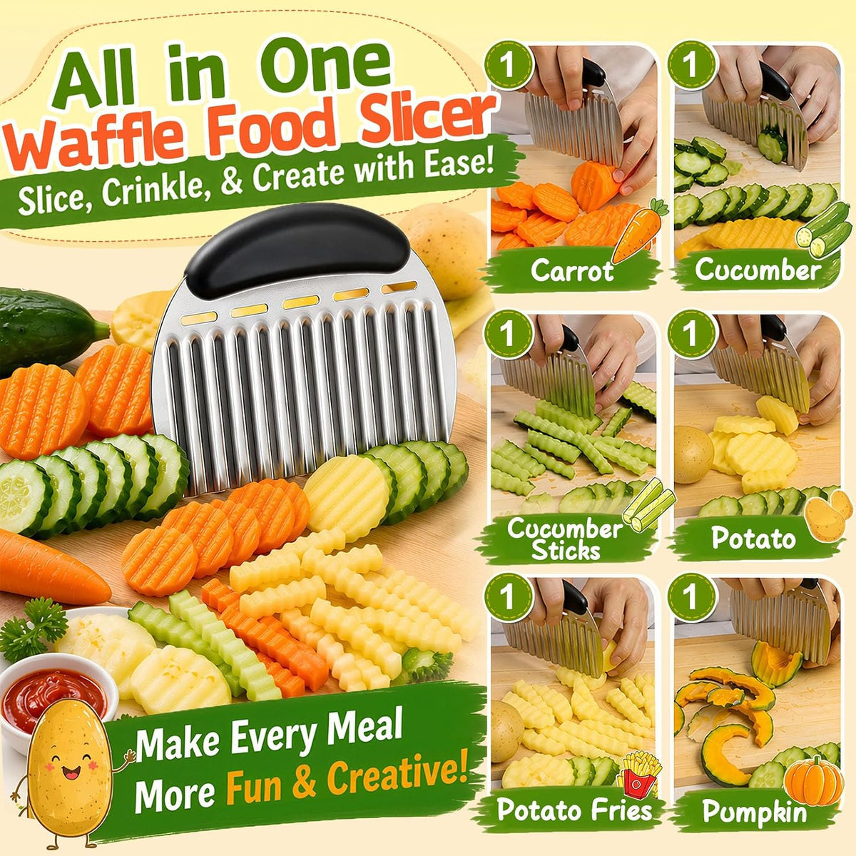 Large Crinkle Cutter French Fry Cutter, Stainless Steel Wavy Slicer