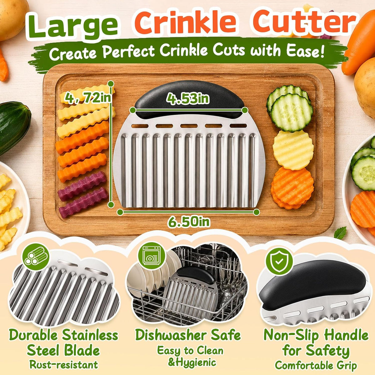 Large Crinkle Cutter French Fry Cutter, Stainless Steel Wavy Slicer