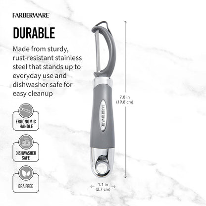 Pro2 Euro Vegetable Peeler with Swivel Blade and Built-In Bud Remover, Razor-Sharp Rust-Resistant Stainless Steel, Ergonomic Handle, Dishwasher Safe