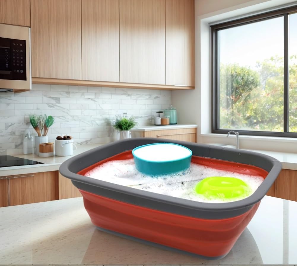 9.2L (2.37Gallon) Collapsible Wash Basin - Foldable Outdoor Picnic Basket - Portable Plastic Tub - Space Saving Storage Container with Size : 15.3 x 11.2 x 5.5/1.5" (M, Gray)