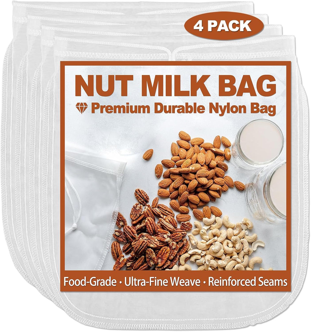 4 Pcs 12"x12" Nut Milk Bag, Strong Durable, Premium Ultra-Fine 200 Mesh Nylon CheeseCloth Bags for Straining, Reusable All Purpose Nut Bag Strainer for making Almond & Nut Milks, Cold Brew, Juicing