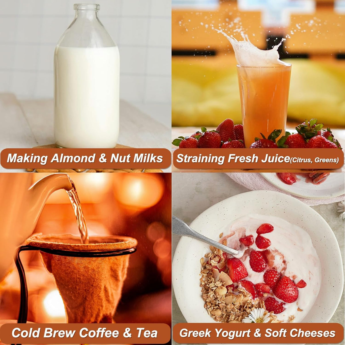 4 Pcs 12"x12" Nut Milk Bag, Strong Durable, Premium Ultra-Fine 200 Mesh Nylon CheeseCloth Bags for Straining, Reusable All Purpose Nut Bag Strainer for making Almond & Nut Milks, Cold Brew, Juicing