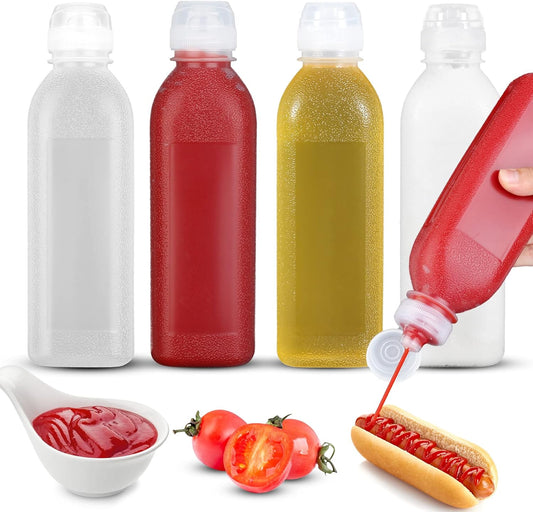 Condiment Squeeze Bottles for Sauces, Olive Oil Dispenser, Ketchup Bottles 4-Pack 17 oz (500ml), Food-Grade PP5 Material, Salad Dressing Bottles, Great for Ketchup, Salad, BBQ