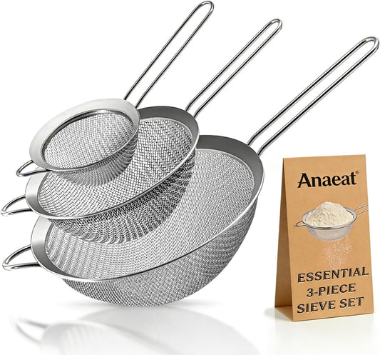 Fine Mesh Strainers - Premium Stainless Steel Colander Sieve Sifters, with Durable Mesh and Sturdy Handle, Excellent for Sifting Dry ingredients, Flour, Pastas, Rice, Tea (3.15"+5.5"+7.87")