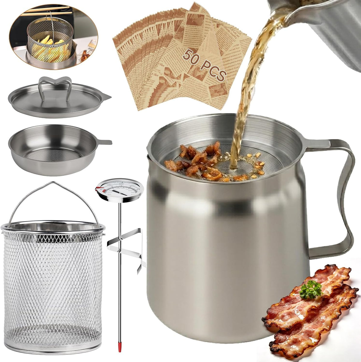 6 PCS 2L Oil Filter Pot Saver Cooking Oil Bacon Grease with Strainer