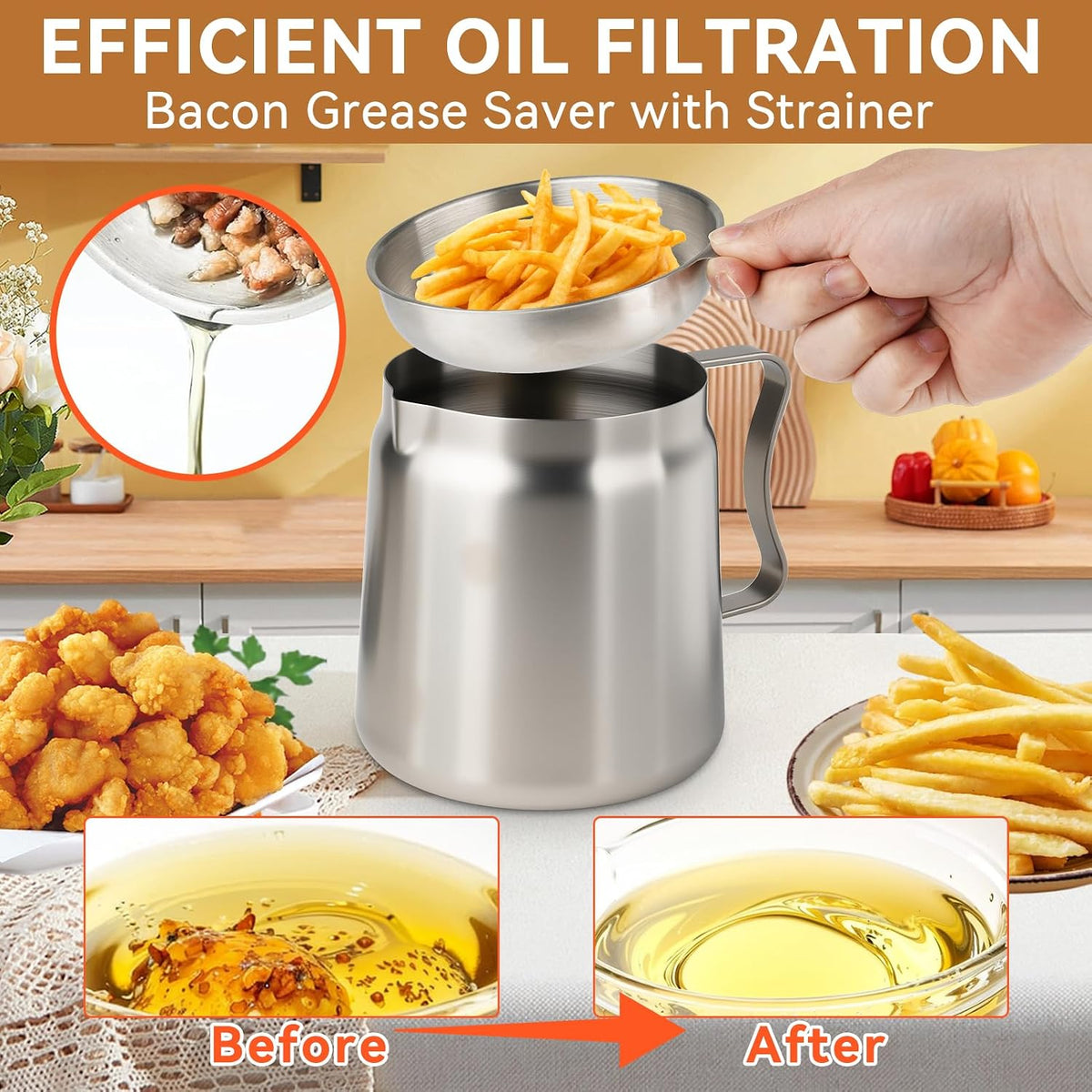 6 PCS 2L Oil Filter Pot Saver Cooking Oil Bacon Grease with Strainer