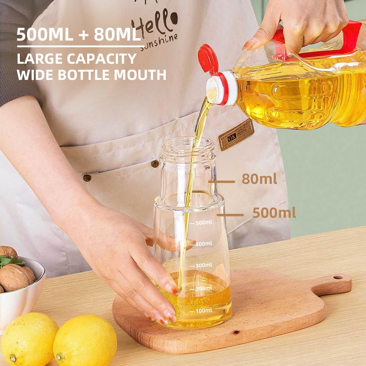 Auto Flip Lid Oil Dispenser Bottle for Kitchen-20oz 580ml Set of 2 Glass Olive Oil Dispenser Bottles with Scale, Oil and Vinegar Condiment Storage Container Set, Non-Drip Spout, Leakproof