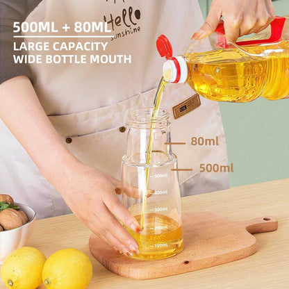 Auto Flip Lid Oil Dispenser Bottle for Kitchen-20oz 580ml Set of 2 Glass Olive Oil Dispenser Bottles with Scale, Oil and Vinegar Condiment Storage Container Set, Non-Drip Spout, Leakproof