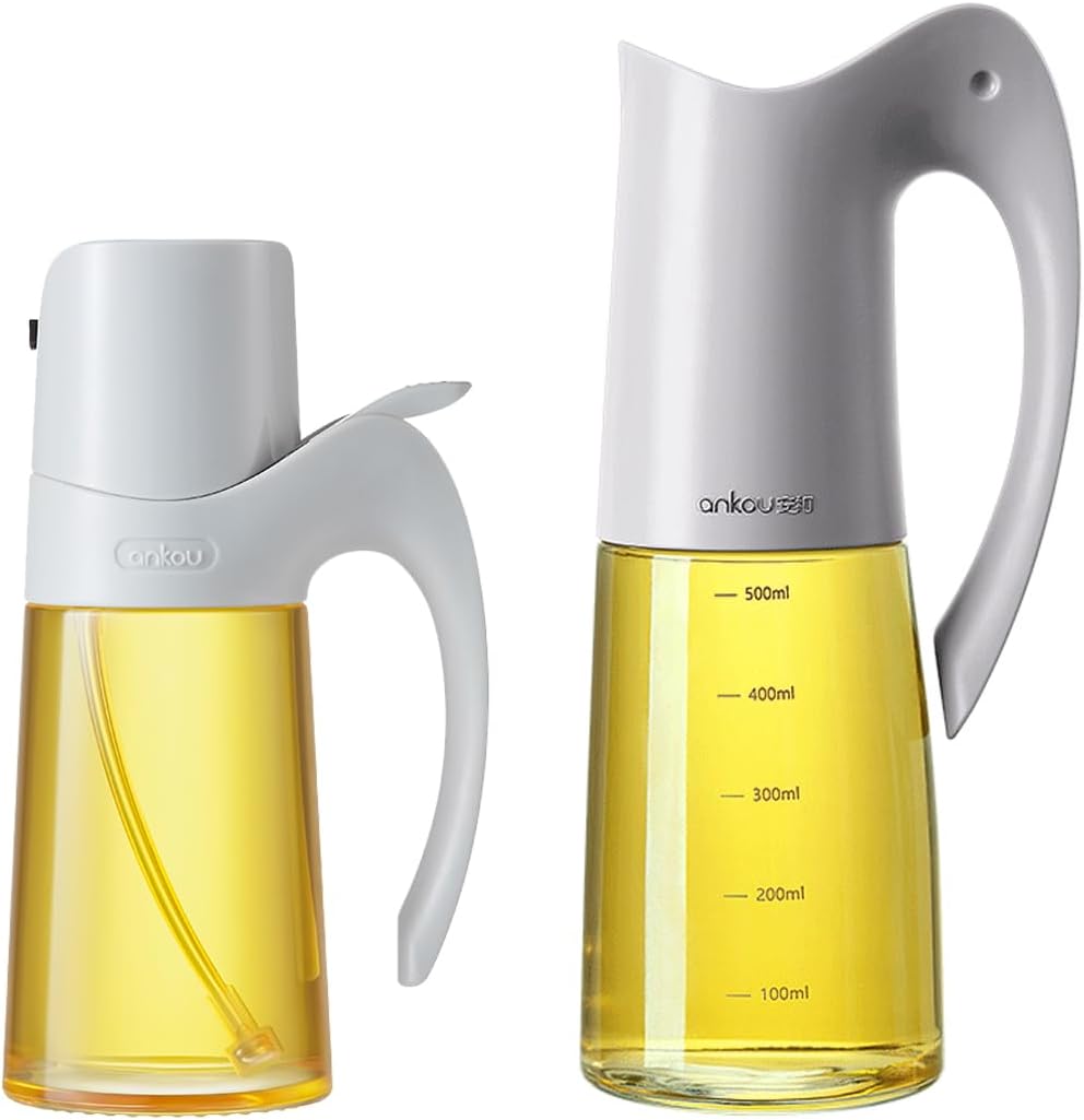 Auto Flip Lid Oil Dispenser Bottle for Kitchen-20oz 580ml Set of 2 Glass Olive Oil Dispenser Bottles with Scale, Oil and Vinegar Condiment Storage Container Set, Non-Drip Spout, Leakproof