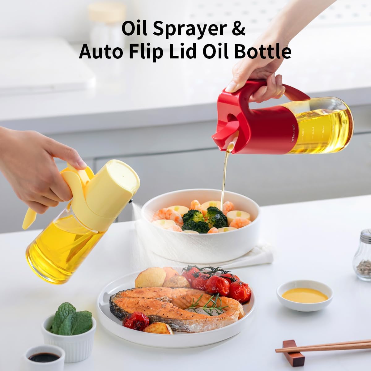 Auto Flip Lid Oil Dispenser Bottle for Kitchen-20oz 580ml Set of 2 Glass Olive Oil Dispenser Bottles with Scale, Oil and Vinegar Condiment Storage Container Set, Non-Drip Spout, Leakproof