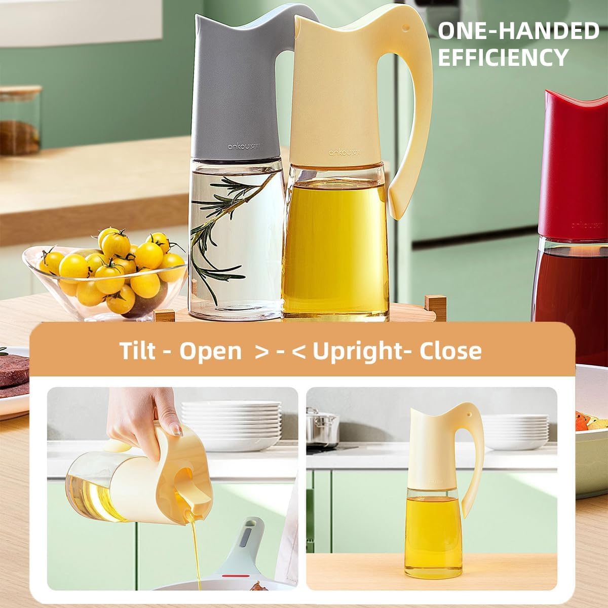 Auto Flip Lid Oil Dispenser Bottle for Kitchen-20oz 580ml Set of 2 Glass Olive Oil Dispenser Bottles with Scale, Oil and Vinegar Condiment Storage Container Set, Non-Drip Spout, Leakproof