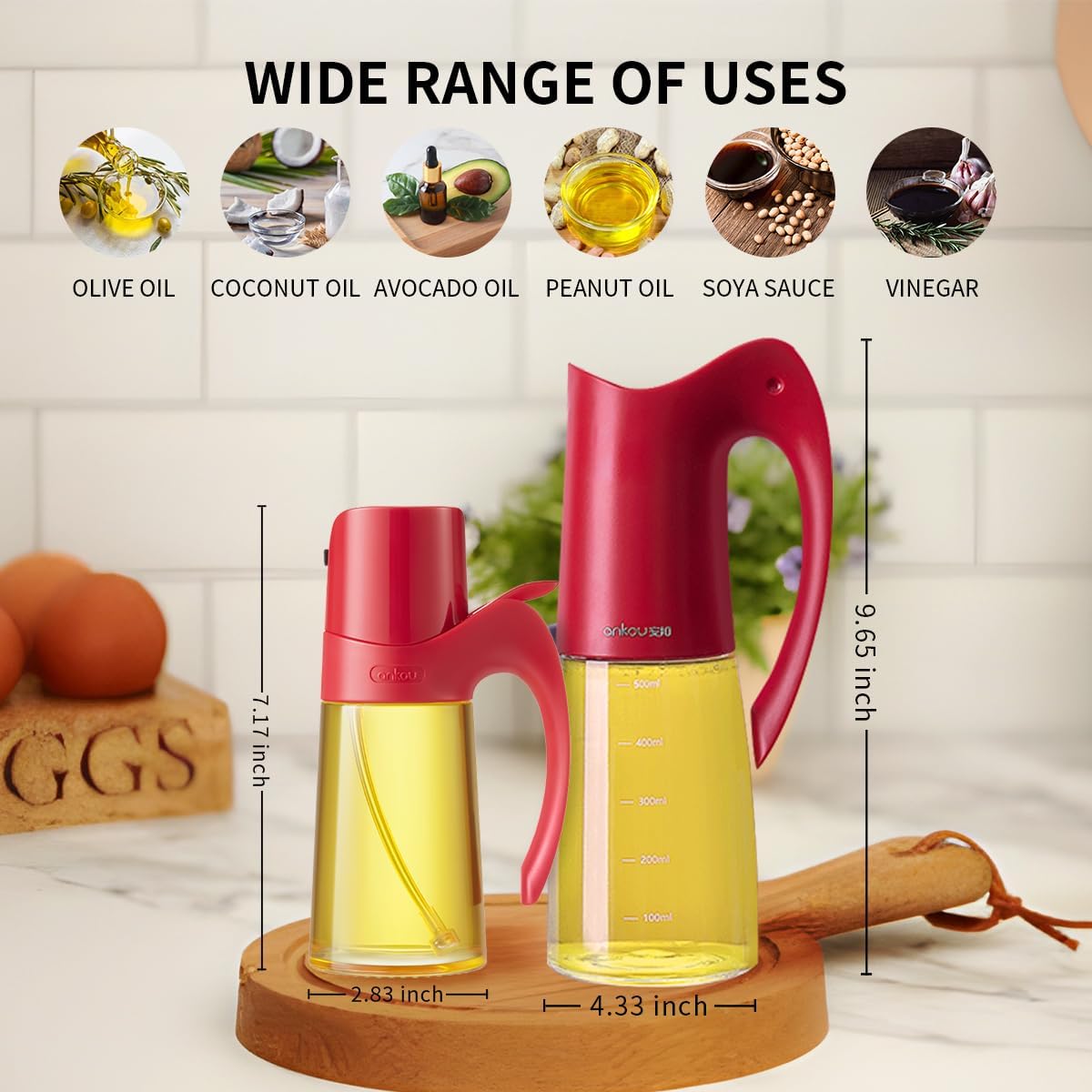 Auto Flip Lid Oil Dispenser Bottle for Kitchen-20oz 580ml Set of 2 Glass Olive Oil Dispenser Bottles with Scale, Oil and Vinegar Condiment Storage Container Set, Non-Drip Spout, Leakproof