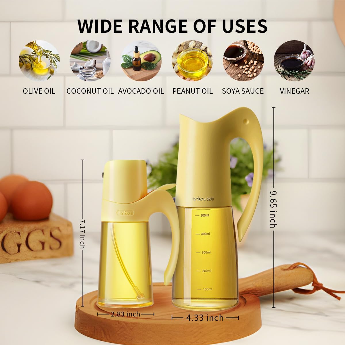 Auto Flip Lid Oil Dispenser Bottle for Kitchen-20oz 580ml Set of 2 Glass Olive Oil Dispenser Bottles with Scale, Oil and Vinegar Condiment Storage Container Set, Non-Drip Spout, Leakproof