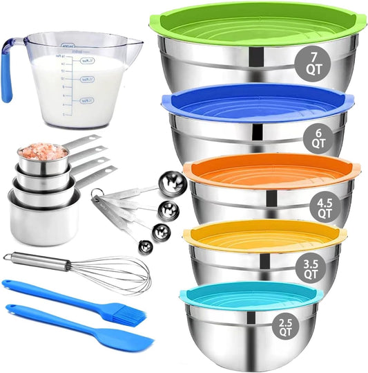 Mixing Bowls Set, 22PCS Large Stainless Steel Mixing Bowl with Lids Set, Large Nesting Bowls 7/6/4.5/3.5/2.5QT, Measuring Cups and Spoons Baking Storage Metal Bowl for Kitchen Prep Supplies