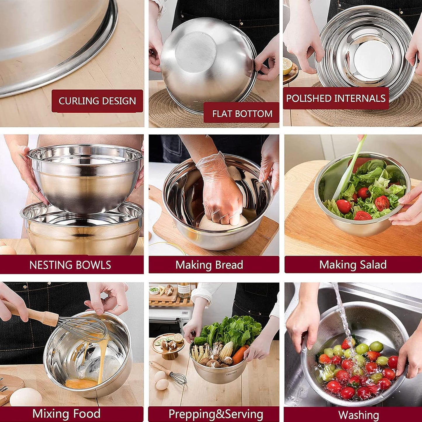 Mixing Bowls Set, 22PCS Large Stainless Steel Mixing Bowl with Lids Set, Large Nesting Bowls 7/6/4.5/3.5/2.5QT, Measuring Cups and Spoons Baking Storage Metal Bowl for Kitchen Prep Supplies