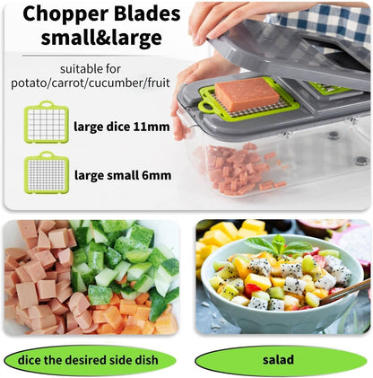 Vegetable Chopper with Container 22-in-1 Veggie Choppers and Dicers Food Chopper Cutter for Onion Tomato Multi Kitchen Tool with Lemon Squeezer -13 Blades,Grey
