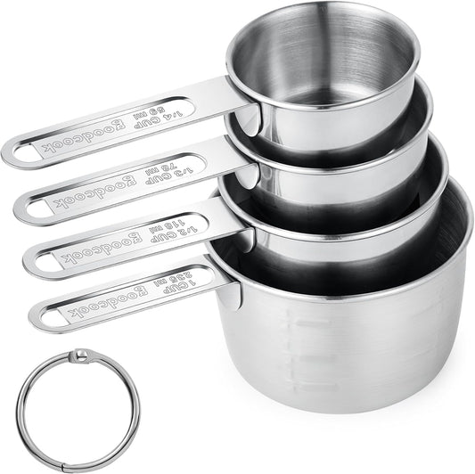 Measuring Cups of 4, Stainless Steel Measuring Cups, Stackable | Stainless Steel Cups with Metal Handle for Dry and Liquid Ingredients, Ideal for Cooking & Baking