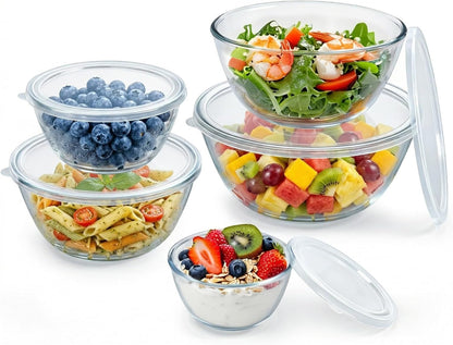 Glass Mixing Bowls with Lids Set of 5(4.7QT, 2.9QT, 2.2QT, 1.1QT, 0.53QT), Thick Glass Large Salad Bowls, Space-Saving Nesting Bowls for Kitchen Baking, Prepping, Cooking, Dishwasher, Microwave Safe