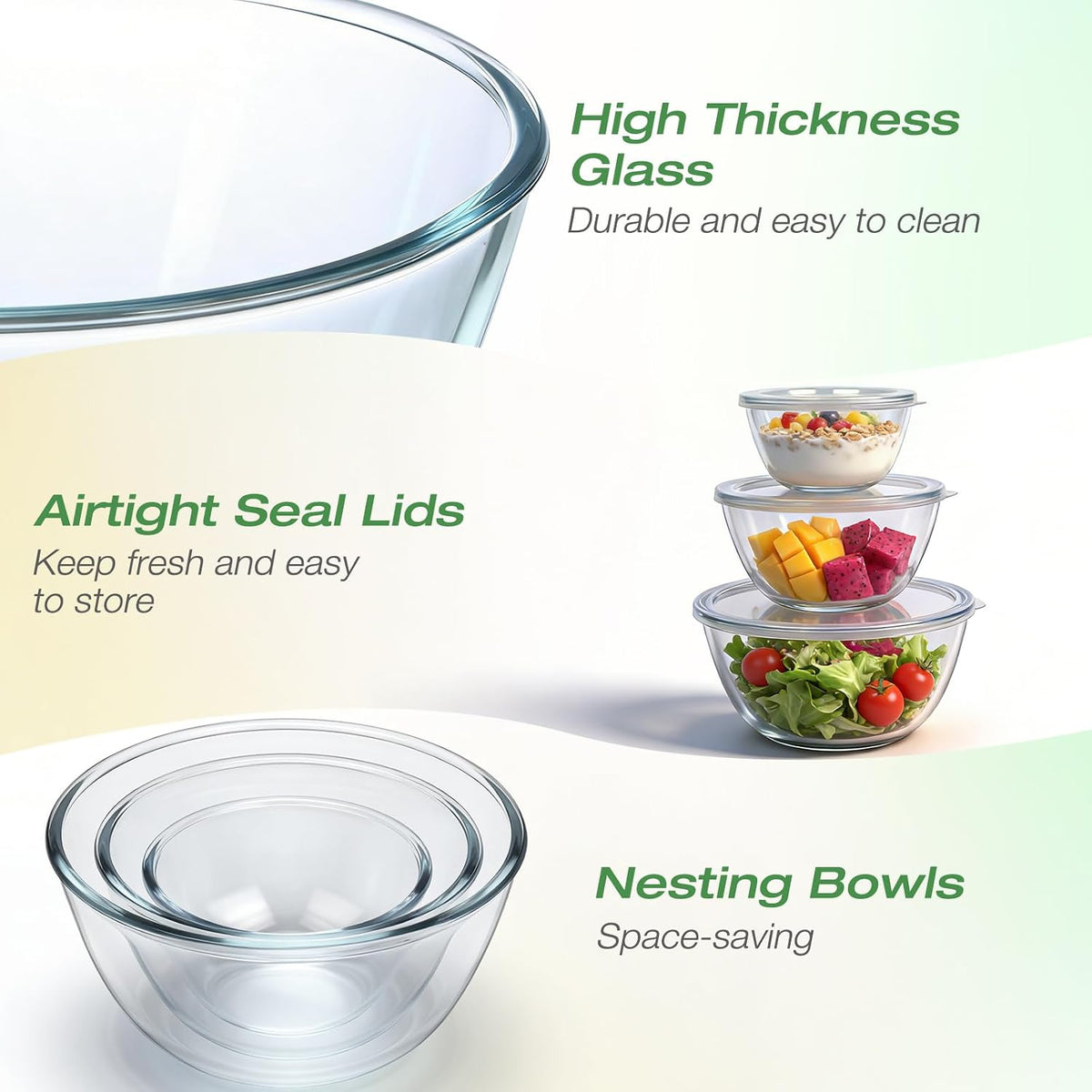 Glass Mixing Bowls with Lids Set of 5(4.7QT, 2.9QT, 2.2QT, 1.1QT, 0.53QT), Thick Glass Large Salad Bowls, Space-Saving Nesting Bowls for Kitchen Baking, Prepping, Cooking, Dishwasher, Microwave Safe