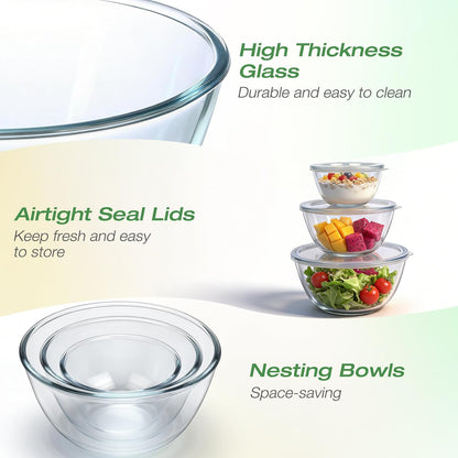 Glass Mixing Bowls with Lids Set of 5(4.7QT, 2.9QT, 2.2QT, 1.1QT, 0.53QT), Thick Glass Large Salad Bowls, Space-Saving Nesting Bowls for Kitchen Baking, Prepping, Cooking, Dishwasher, Microwave Safe
