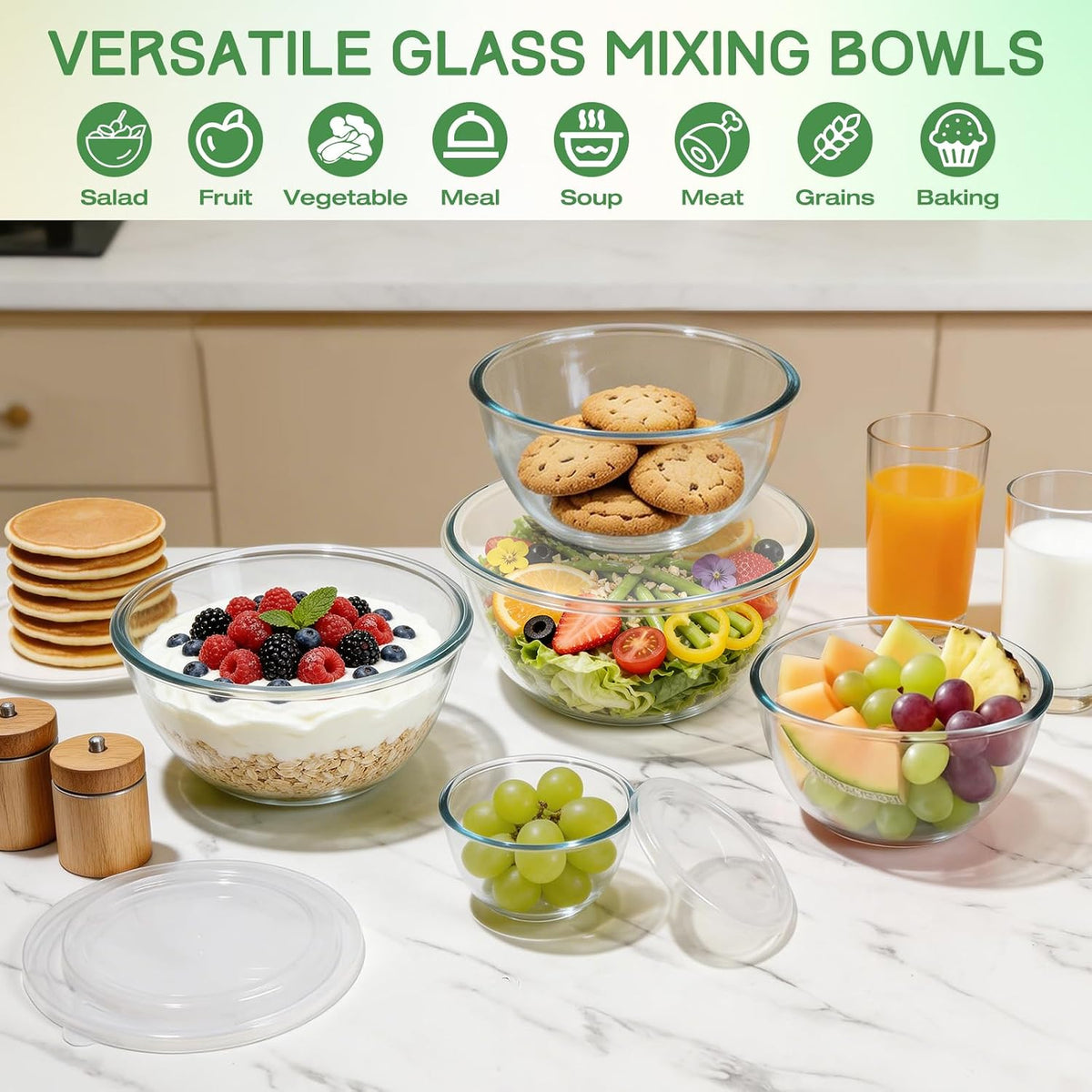 Glass Mixing Bowls with Lids Set of 5(4.7QT, 2.9QT, 2.2QT, 1.1QT, 0.53QT), Thick Glass Large Salad Bowls, Space-Saving Nesting Bowls for Kitchen Baking, Prepping, Cooking, Dishwasher, Microwave Safe