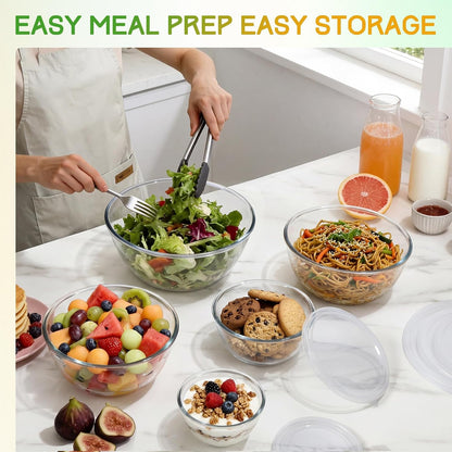 Glass Mixing Bowls with Lids Set of 5(4.7QT, 2.9QT, 2.2QT, 1.1QT, 0.53QT), Thick Glass Large Salad Bowls, Space-Saving Nesting Bowls for Kitchen Baking, Prepping, Cooking, Dishwasher, Microwave Safe