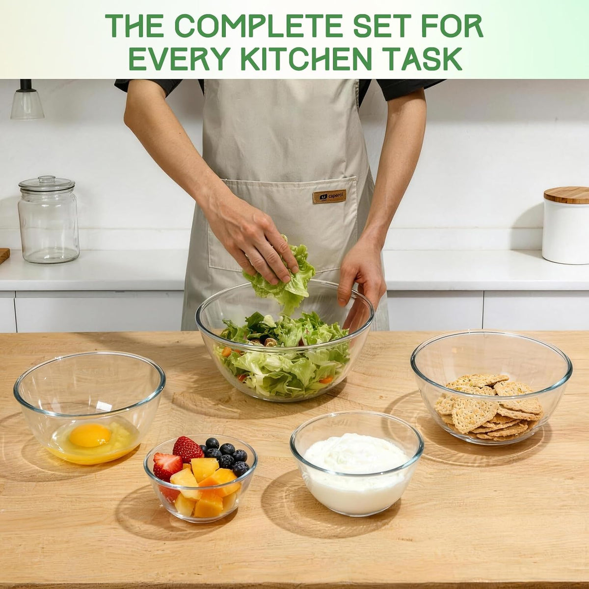 Glass Mixing Bowls with Lids Set of 5(4.7QT, 2.9QT, 2.2QT, 1.1QT, 0.53QT), Thick Glass Large Salad Bowls, Space-Saving Nesting Bowls for Kitchen Baking, Prepping, Cooking, Dishwasher, Microwave Safe
