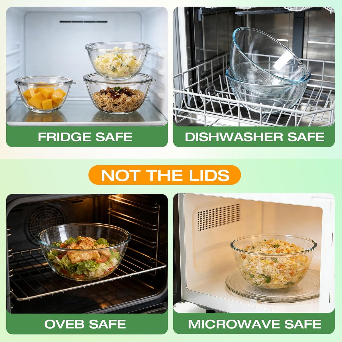 Glass Mixing Bowls with Lids Set of 5(4.7QT, 2.9QT, 2.2QT, 1.1QT, 0.53QT), Thick Glass Large Salad Bowls, Space-Saving Nesting Bowls for Kitchen Baking, Prepping, Cooking, Dishwasher, Microwave Safe