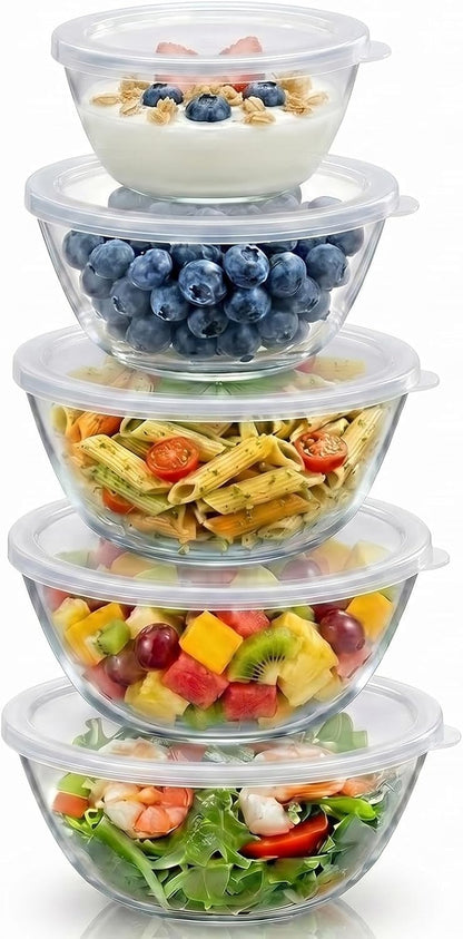 Glass Mixing Bowls with Lids Set of 5(4.7QT, 2.9QT, 2.2QT, 1.1QT, 0.53QT), Thick Glass Large Salad Bowls, Space-Saving Nesting Bowls for Kitchen Baking, Prepping, Cooking, Dishwasher, Microwave Safe