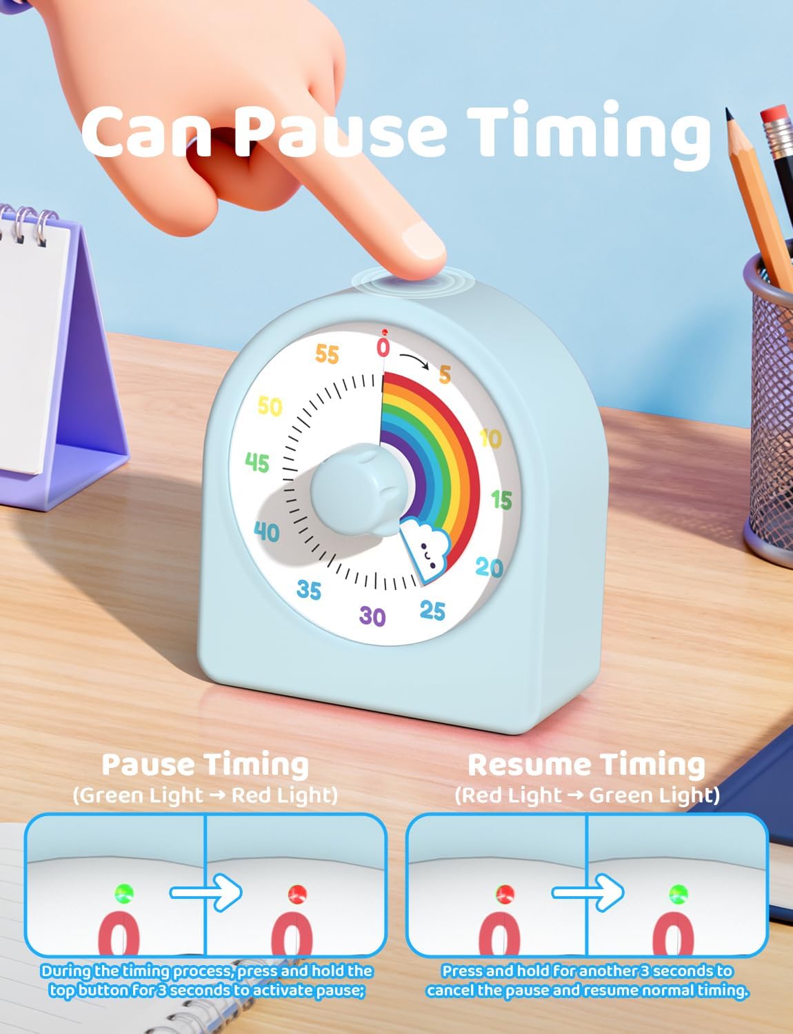 LIORQUE Visual Timer for Kids with Pause Function,Timer for Kids and Adults, Protective Case, Silent Time Management Tool, 60-Minute Countdown for Classroom, Office, Meetings, Study, Kitchen(Blue)