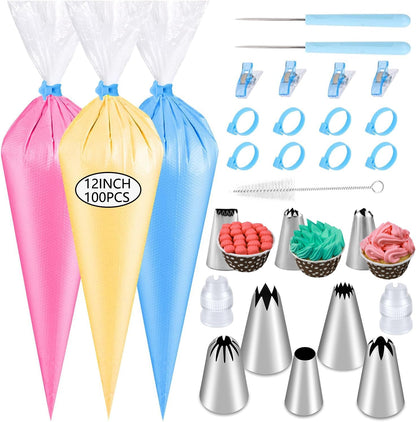 125PCS Piping Bags Tips Set, Thicken Pastry Bags Disposable 12 Inch 100PCS with 8 Icing Bag Ties and 8 Frosting Tips, 1 Brush 4 Bag Clips 2 Scriber Needle for Cake Cookie Cupcakes