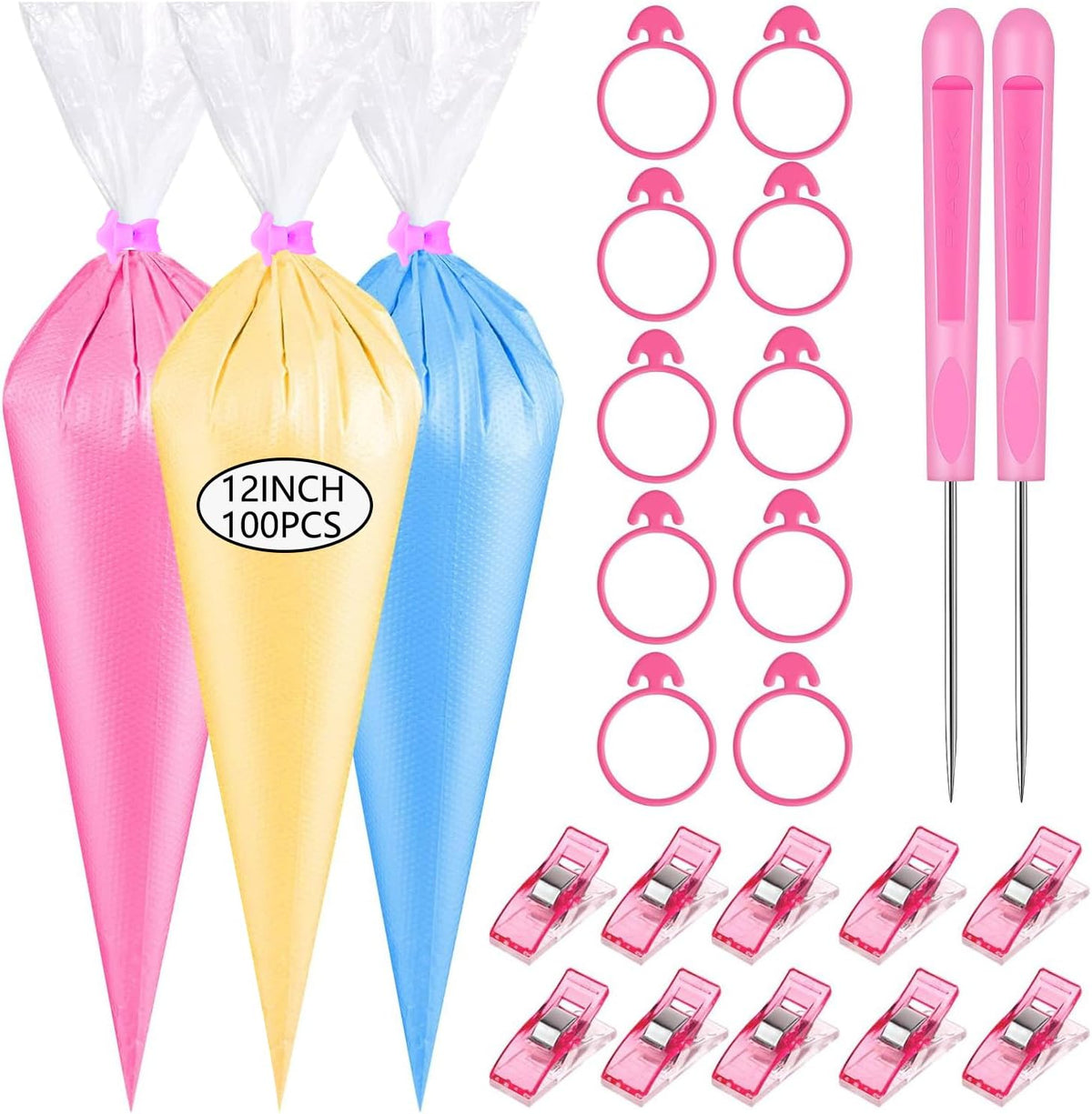 125PCS Piping Bags Tips Set, Thicken Pastry Bags Disposable 12 Inch 100PCS with 8 Icing Bag Ties and 8 Frosting Tips, 1 Brush 4 Bag Clips 2 Scriber Needle for Cake Cookie Cupcakes