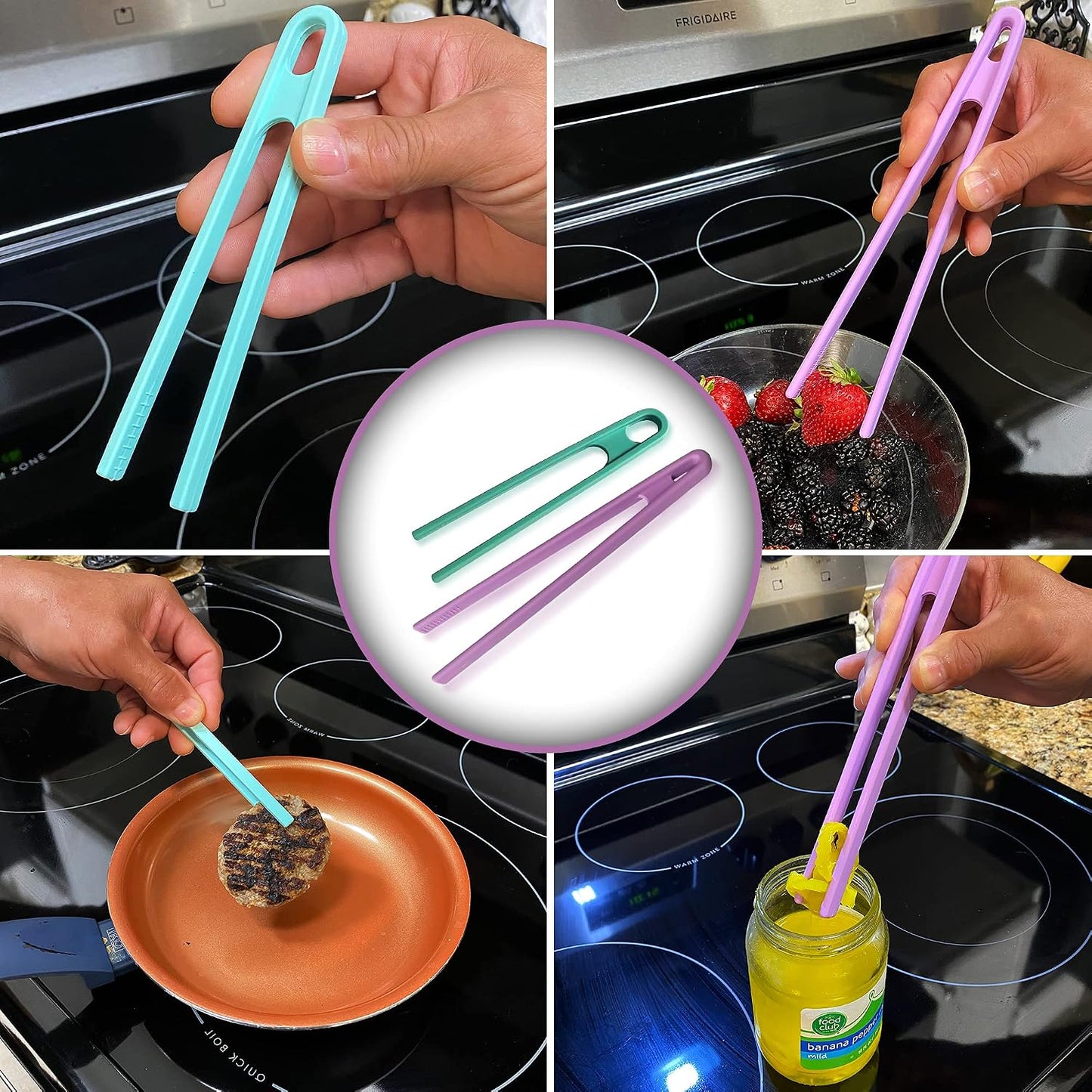 Toaster Tongs Silicone (set of 2) - Good for Tossing Salad, Grilling, Frying and Serving - small 6 in & large 8 in - Excellent for Kids - Non-Stick Stainless Steel - Heat Resistant - Dishwasher Safe