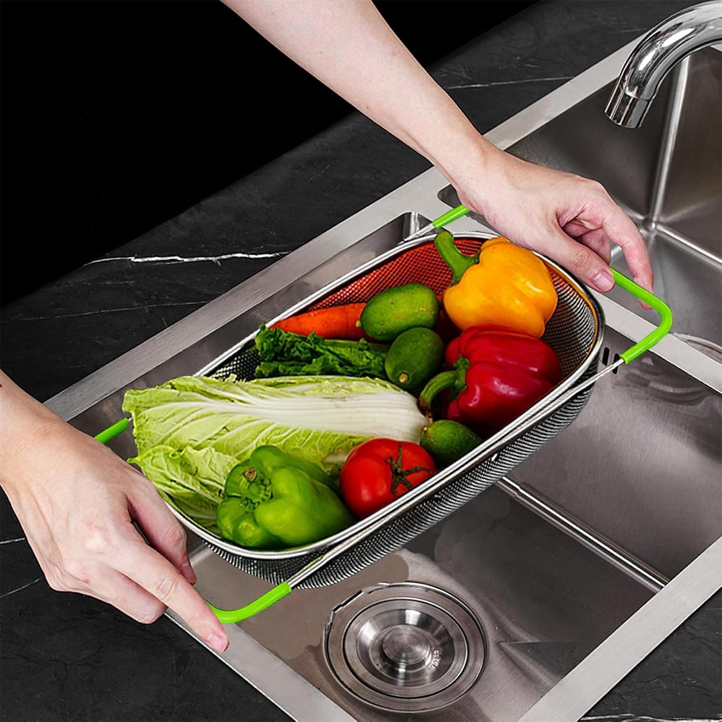 TENTA Premium Quality Over The Sink Stainless Steel Oval Small Colander with Fine Mesh 2.5 Quart Strainer Basket & Expandable Rubber Grip Handles-Strain,Drain,Rinse Fruits,Vegetables
