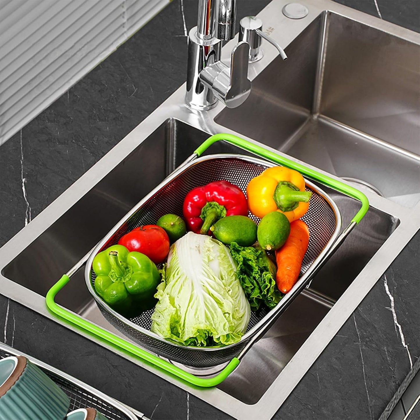 TENTA Premium Quality Over The Sink Stainless Steel Oval Small Colander with Fine Mesh 2.5 Quart Strainer Basket & Expandable Rubber Grip Handles-Strain,Drain,Rinse Fruits,Vegetables