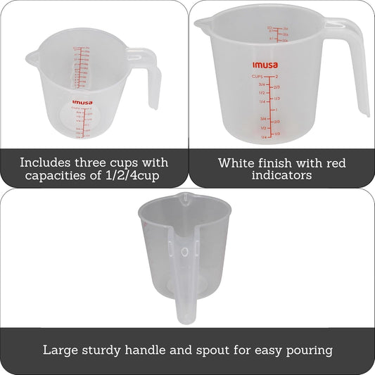 IMUSA 3 Piece Measuring Cups Set | Smooth Plastic Finish, Easy Pour Spout with Red Indicators, For Liquids or Dry, Great for Cooking and Baking