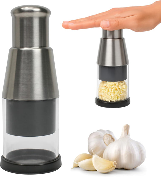 Pressed Garlic Chopper Stainless Steel, Mini Manual Masher Crusher, Multifunctional Handheld Pressure Choppers Aid, Hard Compact Mincing Dicer Press Purpose for Kitchen Food Vegetable Onion, Silver