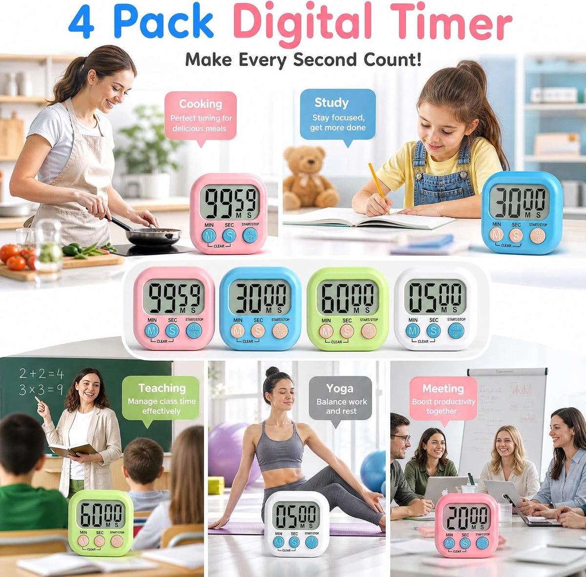 4 Pack Digital Timer for Kids, Kitchen Timer for Cooking, Classroom, Study, Exercise with Countdown/Up Mode - Loud Alarm, Large Display - AAA Battery Operated (Not Included)