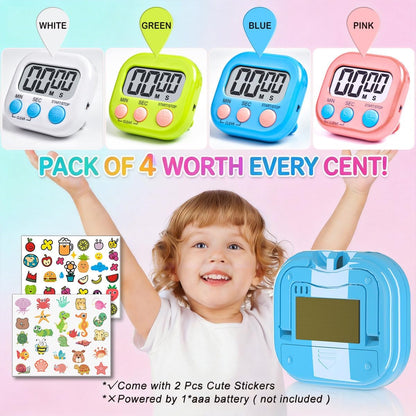 4 Pack Digital Timer for Kids, Kitchen Timer for Cooking, Classroom, Study, Exercise with Countdown/Up Mode - Loud Alarm, Large Display - AAA Battery Operated (Not Included)