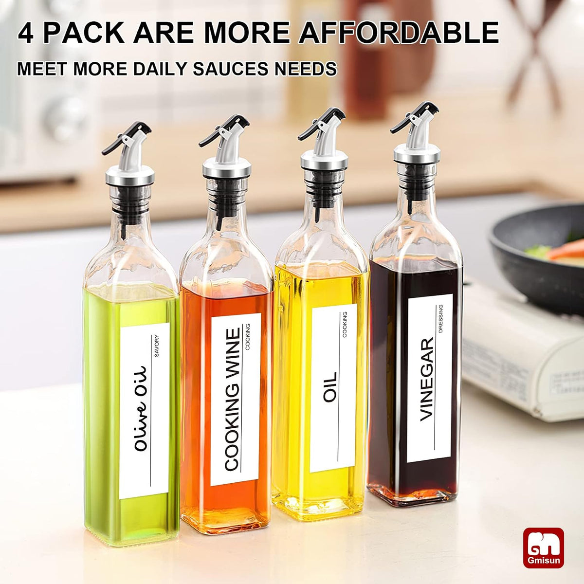 Olive Oil Dispenser Bottle for Kitchen, 4 Pack 17 Fl Oz Glass Oil Dispensers Bottles, Clear Cooking Vegetable Oil Dispenser Container Cruet Set with Plastic Pourer Spout, Funnel and Labels