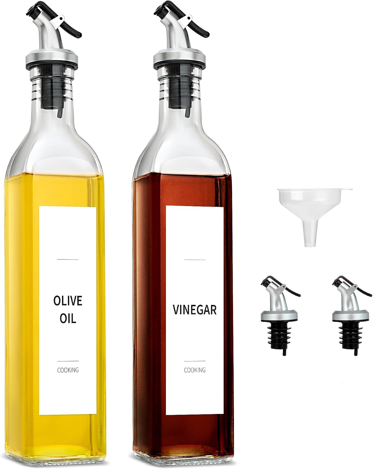Olive Oil Dispenser Bottle for Kitchen, 4 Pack 17 Fl Oz Glass Oil Dispensers Bottles, Clear Cooking Vegetable Oil Dispenser Container Cruet Set with Plastic Pourer Spout, Funnel and Labels