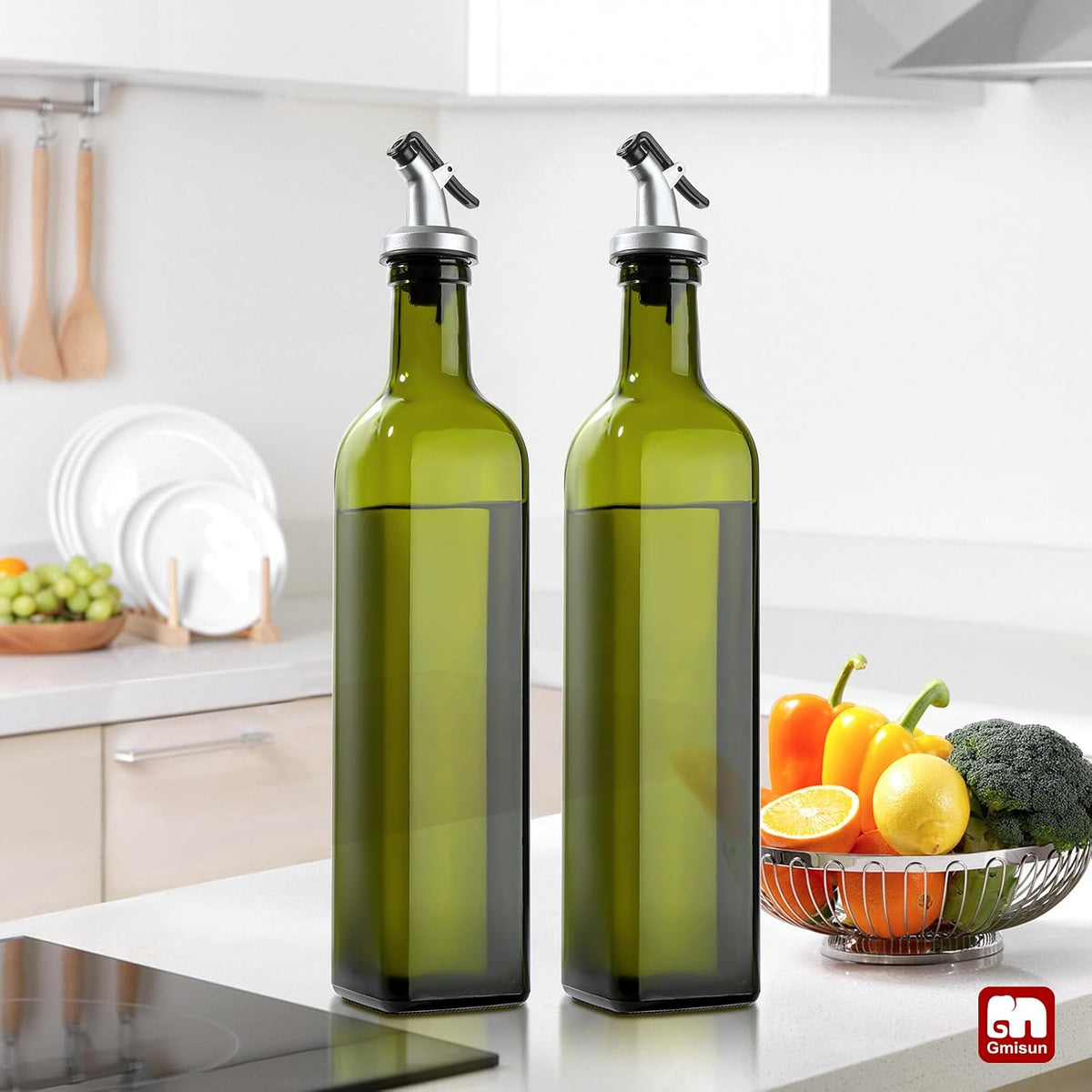 Olive Oil Dispenser Bottle for Kitchen, 4 Pack 17 Fl Oz Glass Oil Dispensers Bottles, Clear Cooking Vegetable Oil Dispenser Container Cruet Set with Plastic Pourer Spout, Funnel and Labels