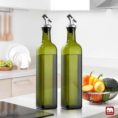 Olive Oil Dispenser Bottle for Kitchen, 4 Pack 17 Fl Oz Glass Oil Dispensers Bottles, Clear Cooking Vegetable Oil Dispenser Container Cruet Set with Plastic Pourer Spout, Funnel and Labels