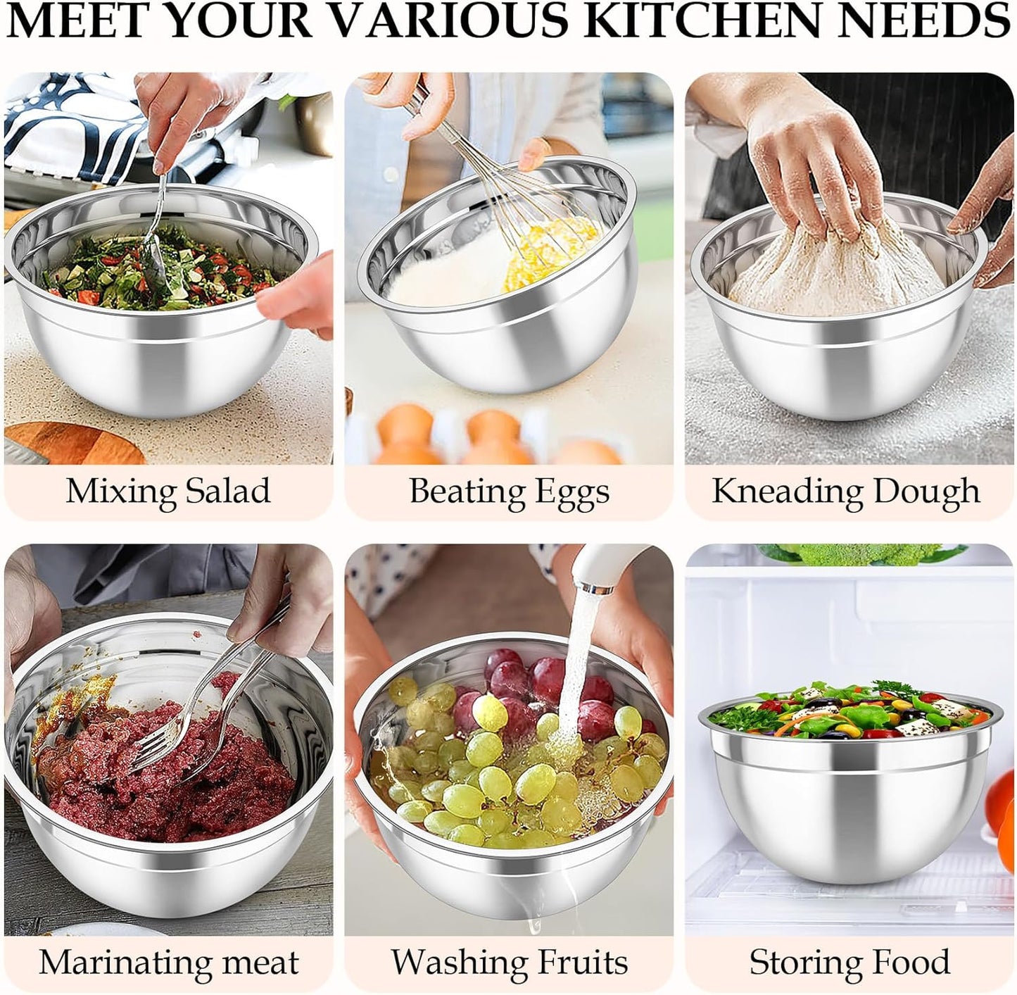 Mixing Bowls, 6PCS Stainless Steel Nesting Mixing Salad Bowl with Lids & 3 Grater Attachments, for Food Cooking Baking Storing, Healthy, Khaki - 4.6/2.6/2 / 1.5/1 / 0.7 QT