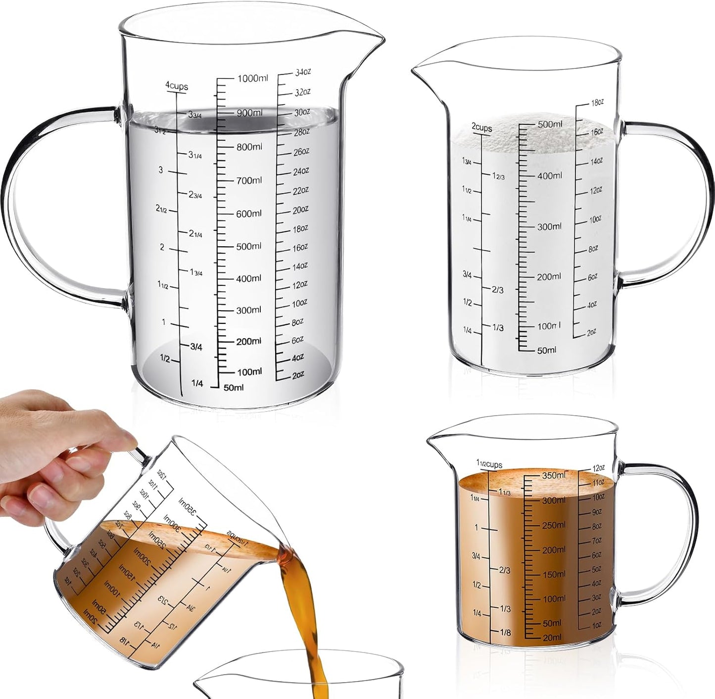 3 Pack Glass Measuring Cups,1-Cup,2-Cup,4-Cup Measuring Jugs with Handle &V Shaped Spout,3 Scales(Oz,Cup,Ml) High Borosilicate Glass Measuring Cup for Liquid Kitchen-Microwave Freezer Safe