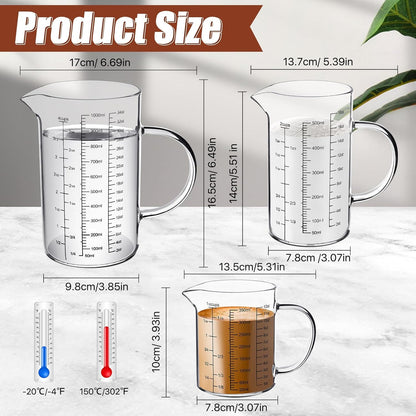 3 Pack Glass Measuring Cups,1-Cup,2-Cup,4-Cup Measuring Jugs with Handle &V Shaped Spout,3 Scales(Oz,Cup,Ml) High Borosilicate Glass Measuring Cup for Liquid Kitchen-Microwave Freezer Safe