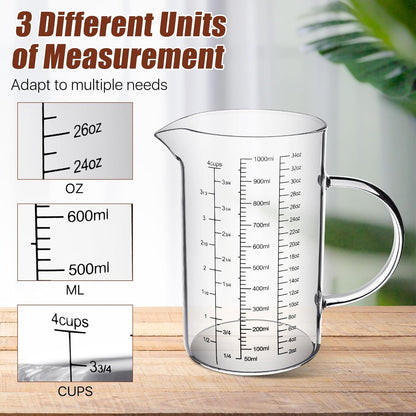 3 Pack Glass Measuring Cups,1-Cup,2-Cup,4-Cup Measuring Jugs with Handle &V Shaped Spout,3 Scales(Oz,Cup,Ml) High Borosilicate Glass Measuring Cup for Liquid Kitchen-Microwave Freezer Safe