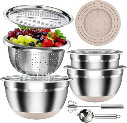 Stainless Steel Mixing Bowls Set with Lids & Silicone Base - 7-Piece Kitchen Gadgets Includes Colander, Grater, Egg Separator, Whisk - Nesting Bowls (1.5, 2, 2.5, 4.5 QT), Dishwasher Safe, Black