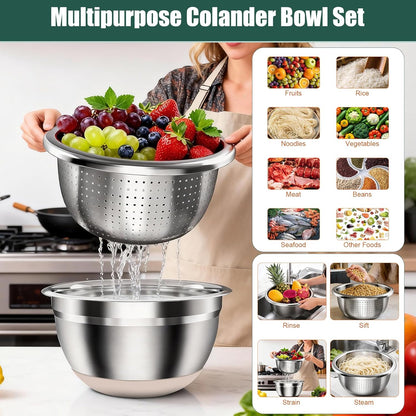 Stainless Steel Mixing Bowls Set with Lids & Silicone Base - 7-Piece Kitchen Gadgets Includes Colander, Grater, Egg Separator, Whisk - Nesting Bowls (1.5, 2, 2.5, 4.5 QT), Dishwasher Safe, Black